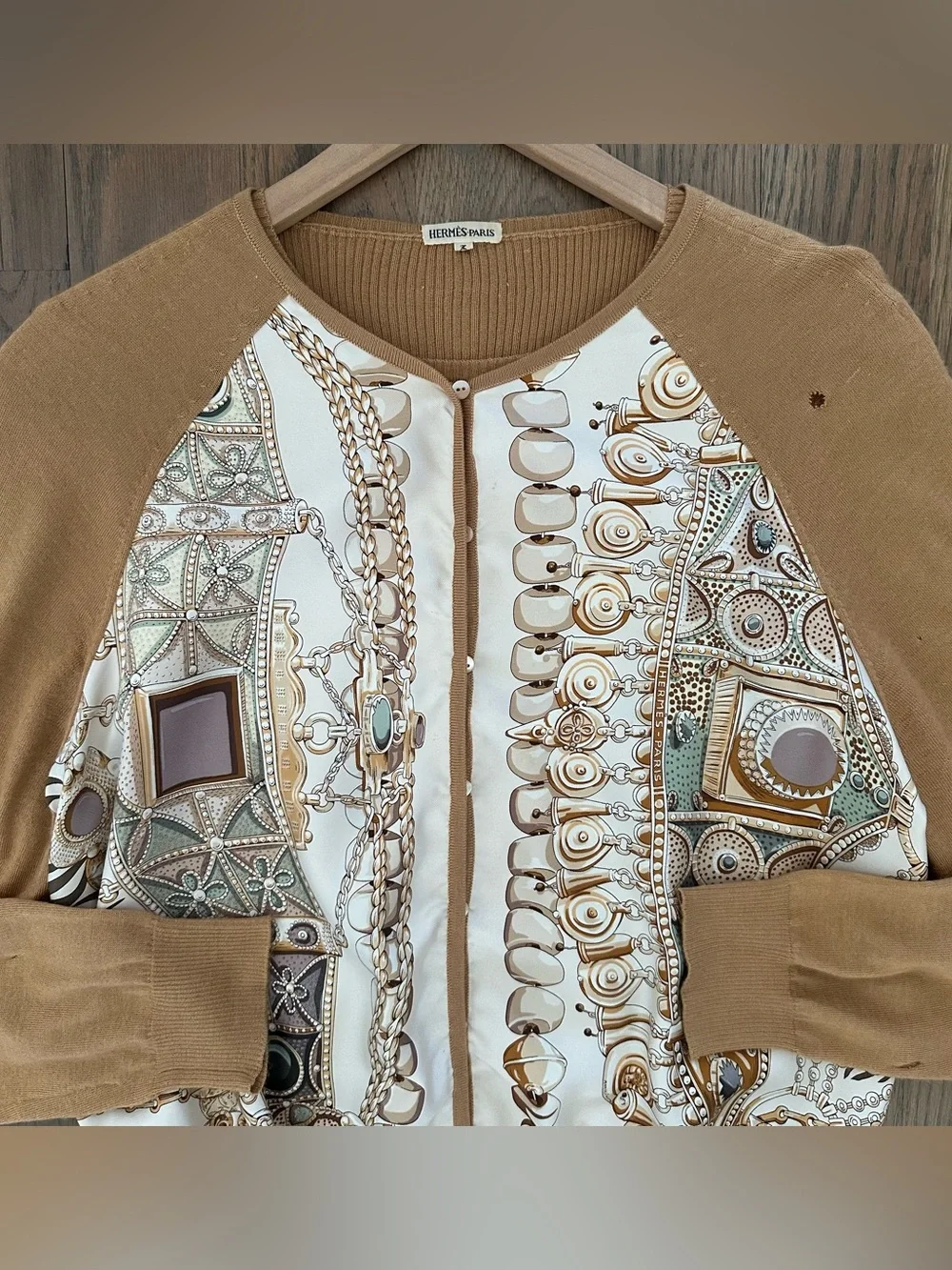 Vintage Hermes Silk and Cashmere Cardigan Twinset Camel Brown Multicolor XL